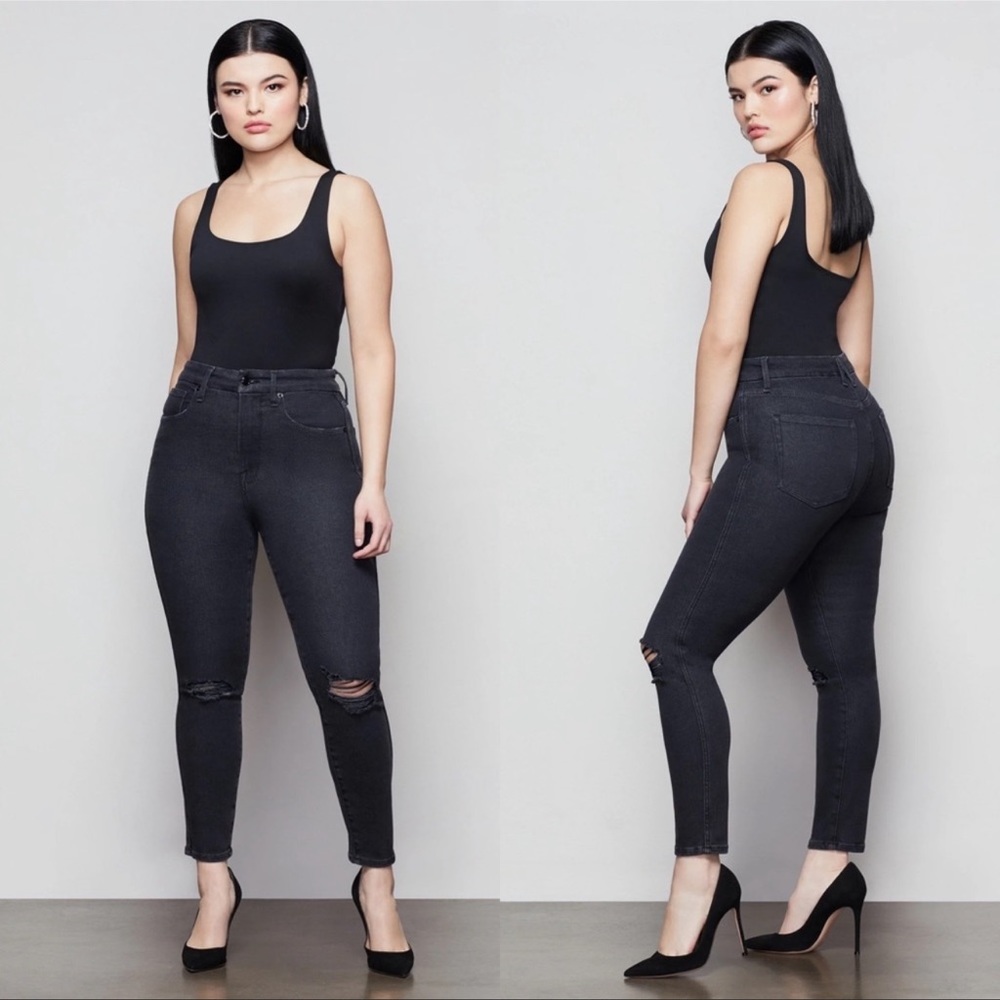 NWT GOOD AMERICAN Good Curve Distressed Black Skinny Crop Jeans Size:22
